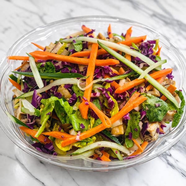 Colorful salad with shredded carrots, red cabbage, cucumbers, and chicken in a clear bowl.